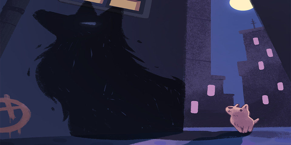 small dog looks at larger shadow on wall with graffiti on it. It's nighttime.
