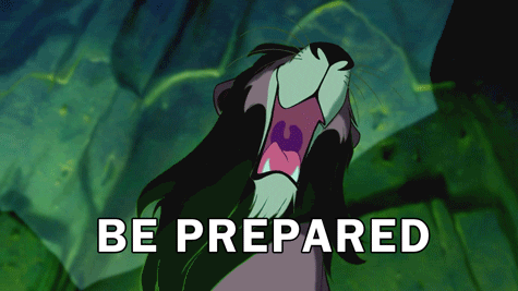 Scar from Disney's animated Lion King laughing with words "BE PREPARED" at bottom of screen